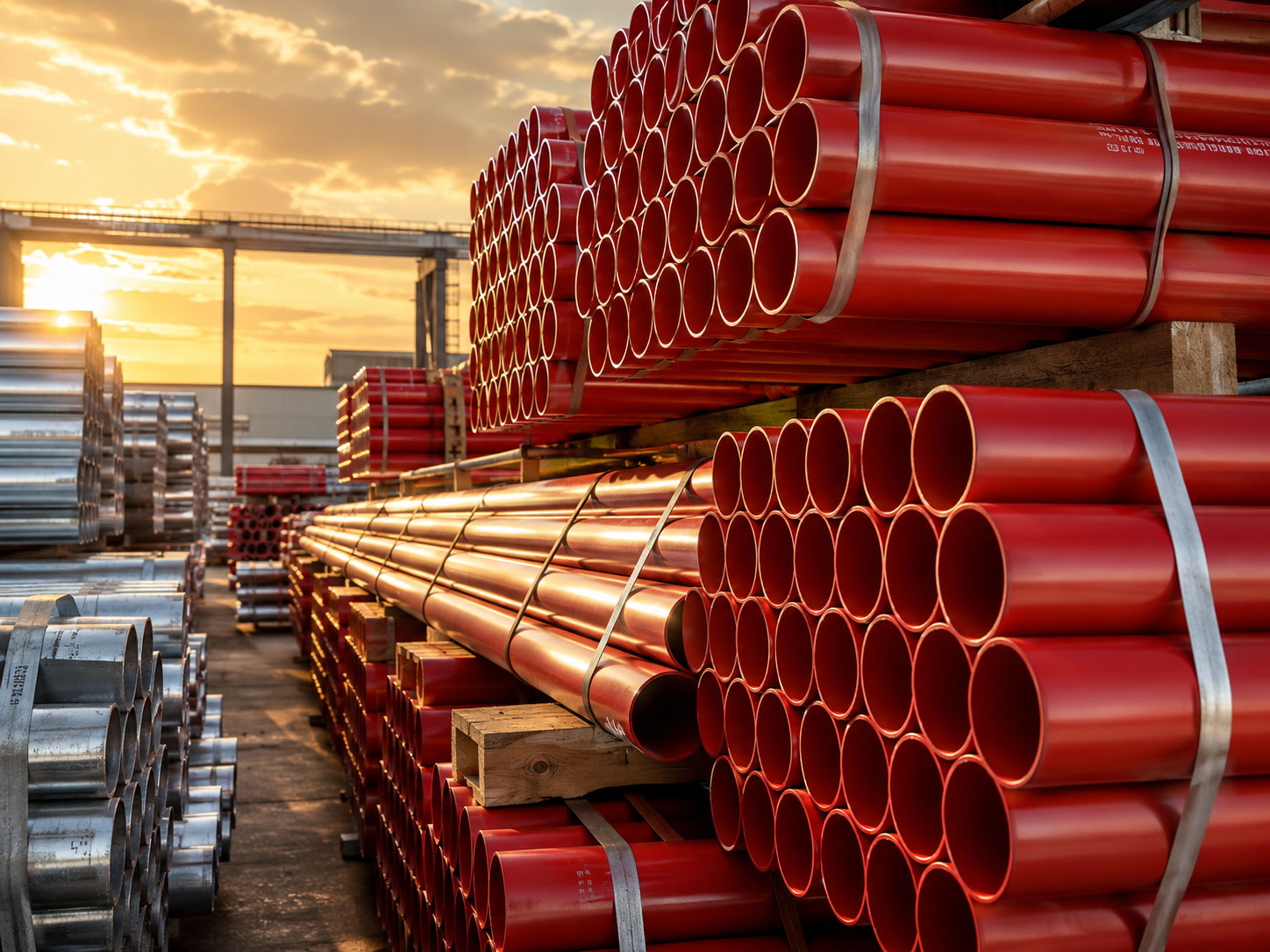 Red fire-protection steel pipe at sunset